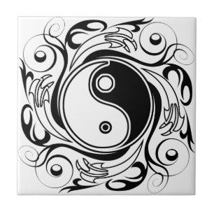 Azulejo De Cerâmica Símbolo Yin & Yang Estilo de Tatuagem Preto e Bran