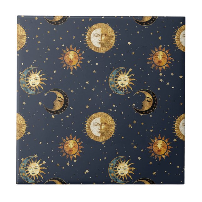 Azulejo De Cerâmica Símbolos Astrológicos Cósmicos Navy Gold (Frente)