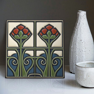 Azulejo De Cerâmica Simetria Floral de Meados do Século Movimento Arte