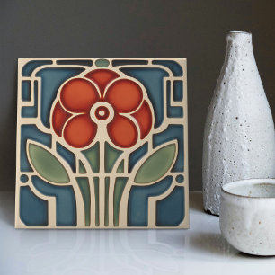 Azulejo De Cerâmica Simetria Floral Meados do Século Movimento Artes e