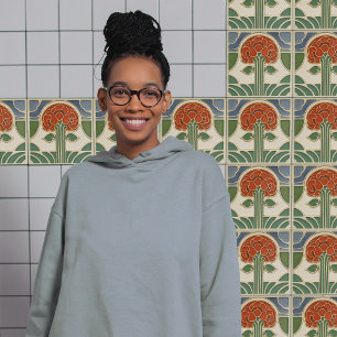 Azulejo De Cerâmica Simetria Floral Meados do Século Movimento Artes e