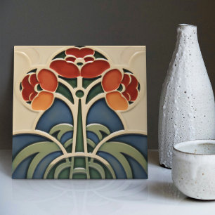 Azulejo De Cerâmica Simetria Floral Meados do Século Movimento Artes e