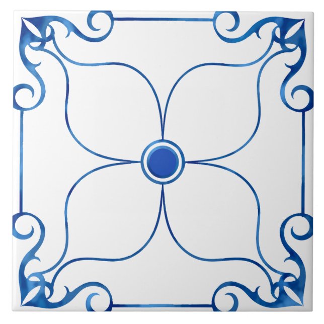 Azulejo De Cerâmica Simetria Floral Mediterrânica (Azulejo Azul) Cerâm (Frente)