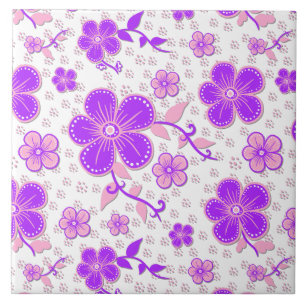 Azulejo De Cerâmica Simples Floral Aquarela Impressão púrpura e rosa