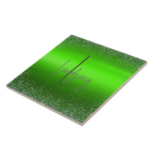Azulejo De Cerâmica Simples Monograma de Lâmpada Verde Bruta de Metal