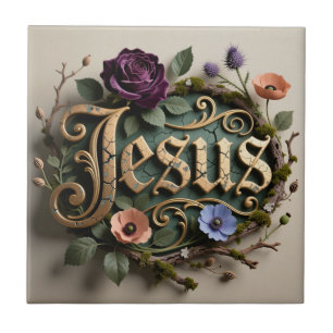 Azulejo De Cerâmica Sinal de Jesus em Ouro Floral Antigo