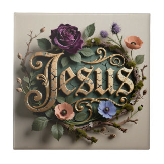 Azulejo De Cerâmica Sinal de Jesus em Ouro Floral Antigo