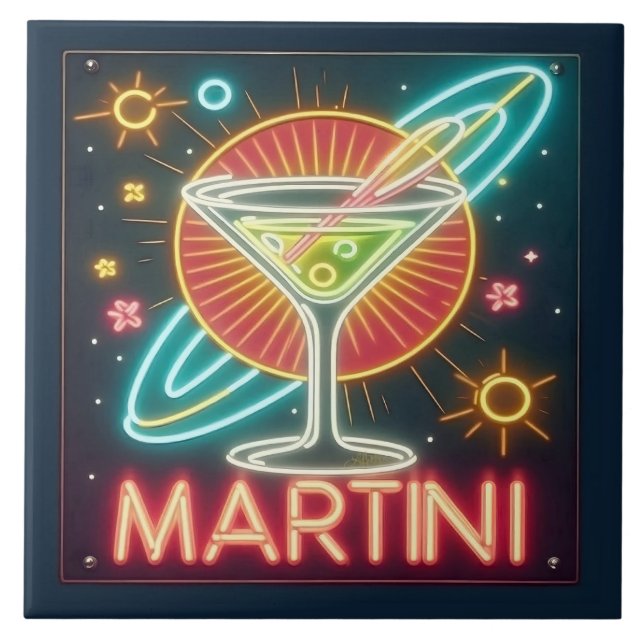Azulejo De Cerâmica Sinal de Neon Martini meio século (Frente)