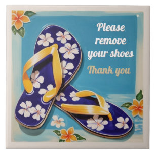 Azulejo De Cerâmica Sinal de Remover Sapatos Azul Chinelos Havaianos