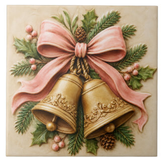 Azulejo De Cerâmica Sinos de Natal Cor-de-Rosa com Laço Coquete