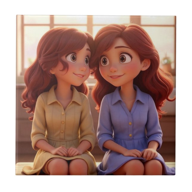 Azulejo De Cerâmica Sister Bond – Beautiful Sisters Illustration Art (Frente)