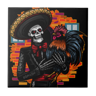 Azulejo De Cerâmica Skeleton Mariachi com Rooster
