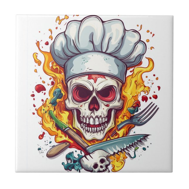 Azulejo De Cerâmica Skull Chef Kitchen Master (Frente)