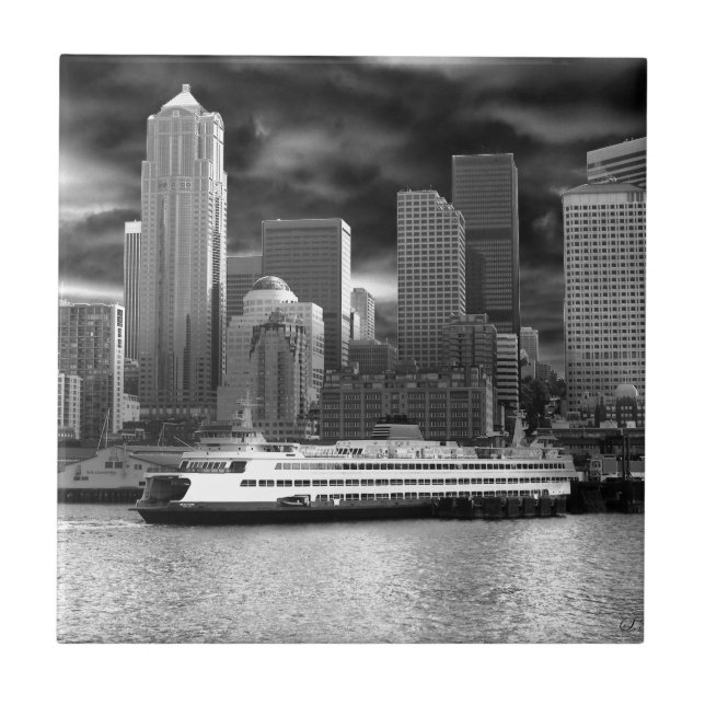 Azulejo De Cerâmica skyline de seattle preto e branco (Frente)
