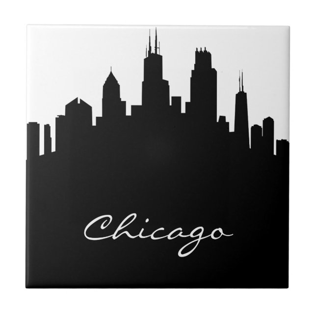 Azulejo De Cerâmica Skyline preto e branco de Chicago (Frente)
