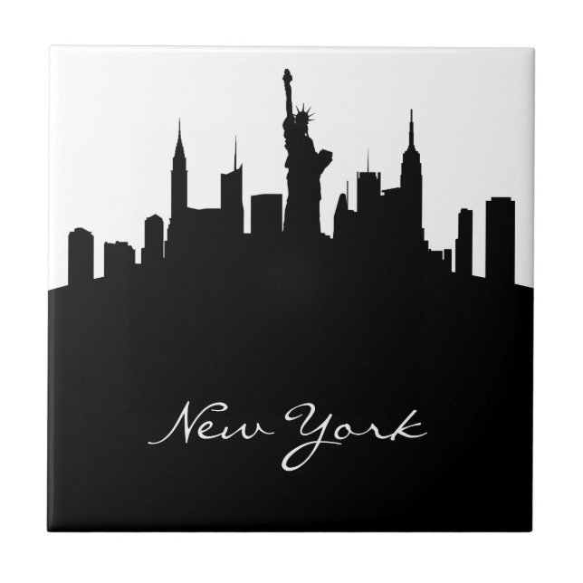 Azulejo De Cerâmica Skyline preto e branco de New York (Frente)