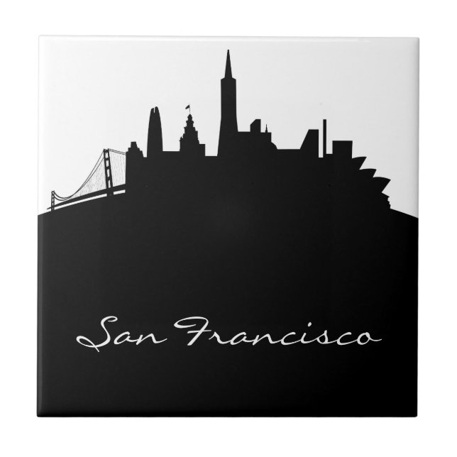 Azulejo De Cerâmica Skyline preto e branco de San Francisco (Frente)