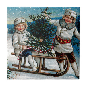 Azulejo De Cerâmica Sledding das crianças
