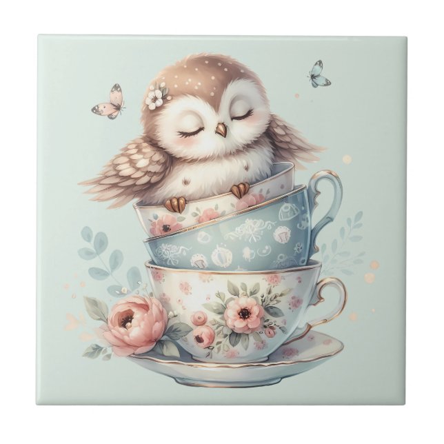 Azulejo De Cerâmica Sleeping Owl in Stacked Floral Teacups (Frente)