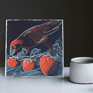 Azulejo De Cerâmica Sneaky Amsel's Strawberry Heist - Whimsical