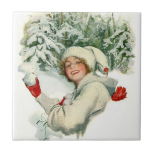 Azulejo De Cerâmica Snowball Fight (por Harrison Fisher)