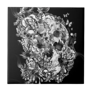 Azulejo De Cerâmica Snowbirds, crânio feito dos pássaros e flores