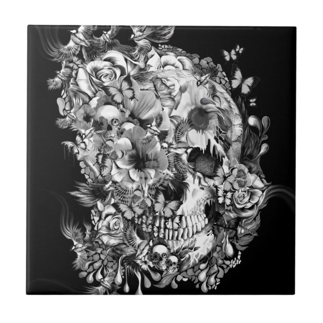 Azulejo De Cerâmica Snowbirds, crânio feito dos pássaros e flores (Frente)