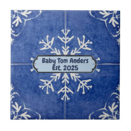 Azulejo De Cerâmica Snowflake pattern blue & white holiday custom name