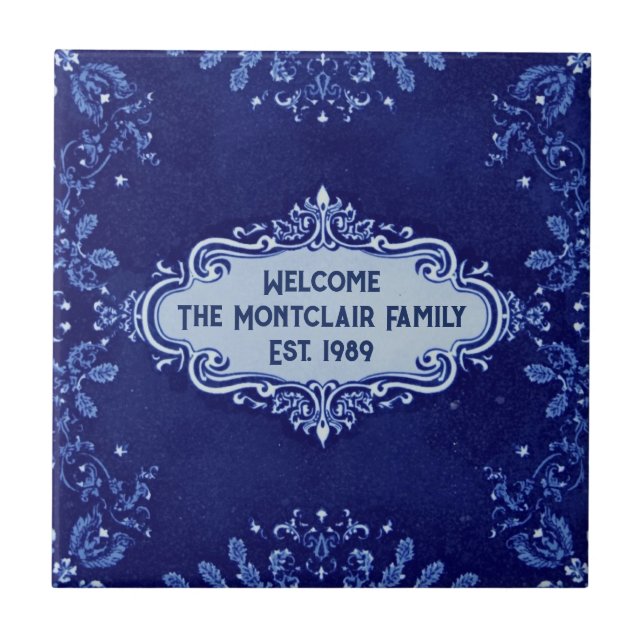 Azulejo De Cerâmica Snowflake pattern blue & white holiday custom name (Frente)