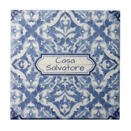 Azulejo De Cerâmica Snowflake pattern blue & white holiday custom name