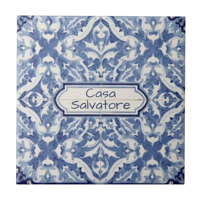 Azulejo De Cerâmica Snowflake pattern blue & white holiday custom name (Frente)