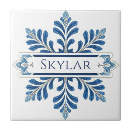 Azulejo De Cerâmica Snowflake pattern blue & white holiday custom name