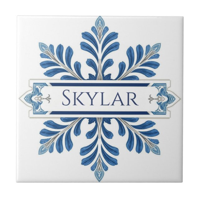 Azulejo De Cerâmica Snowflake pattern blue & white holiday custom name (Frente)