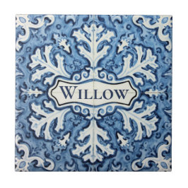 Azulejo De Cerâmica Snowflake pattern blue & white holiday custom name