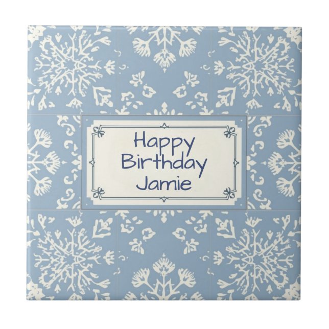 Azulejo De Cerâmica Snowflake pattern blue & white holiday custom name (Frente)