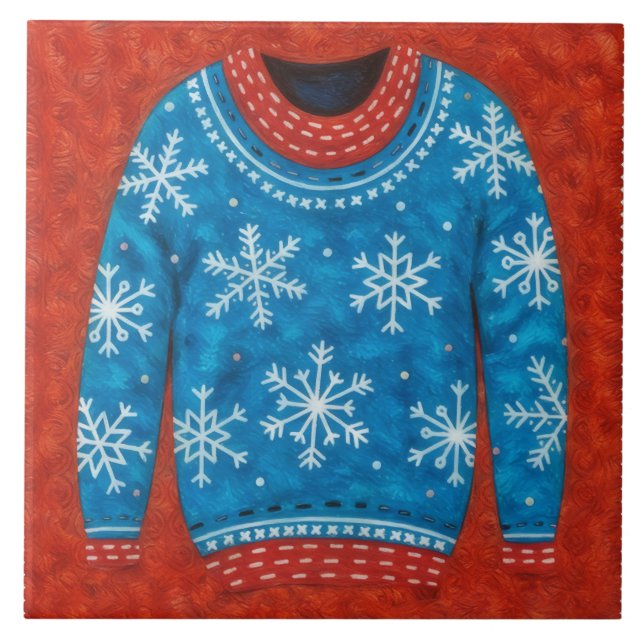 Azulejo De Cerâmica Snowflake Red Blue Ugly Sweater Fun Holiday Tile (Frente)