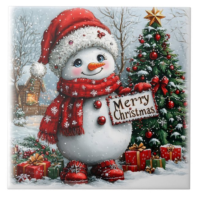 Azulejo De Cerâmica Snowman de Natal (Frente)