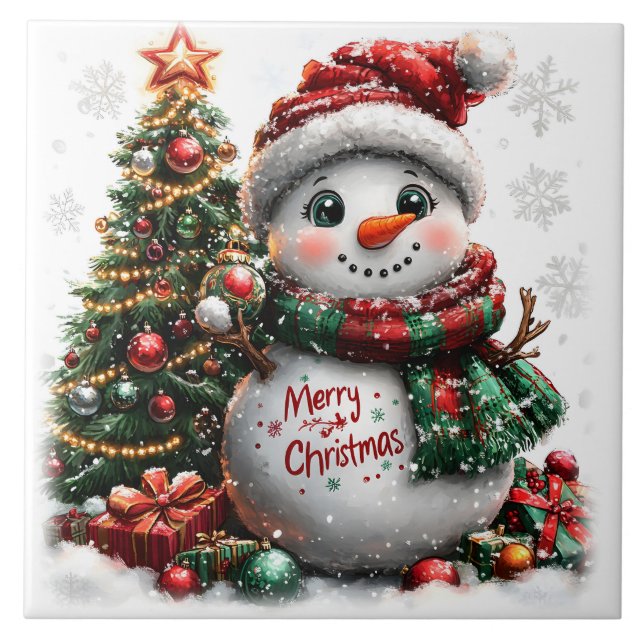 Azulejo De Cerâmica Snowman de Natal (Frente)