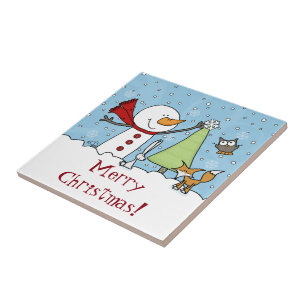 Azulejo De Cerâmica Snowman Decora Árvore com Criaturas de Woodland