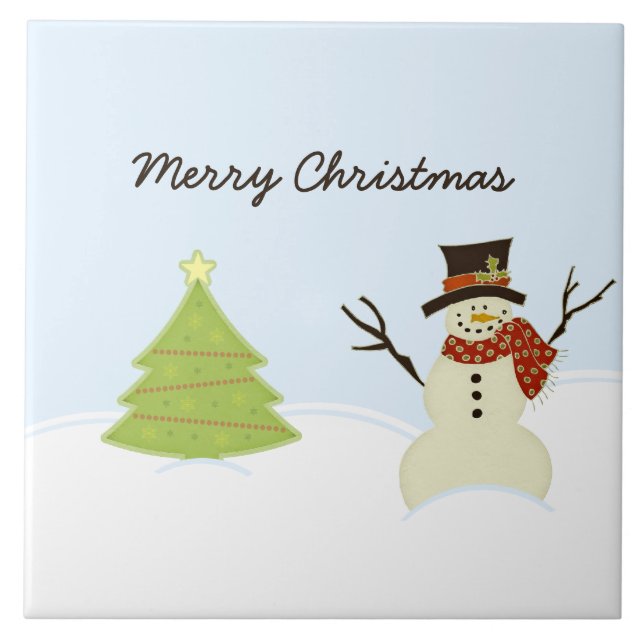 Azulejo De Cerâmica Snowman e Árvore (Frente)