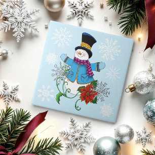 Azulejo De Cerâmica Snowman Snowflakes Poinsettia