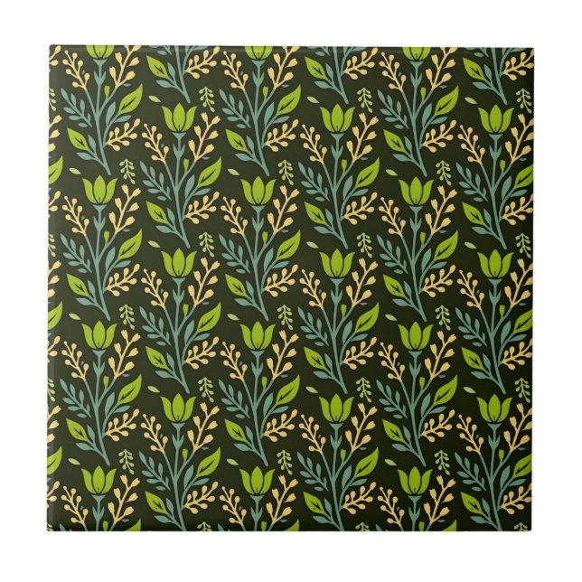 Azulejo De Cerâmica Sofisticado design de padrão floral azul e bege (Frente)