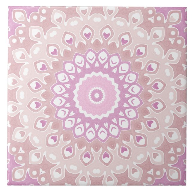 Azulejo De Cerâmica Soft Pink Mandala with Heart and Petal Motifs (Frente)