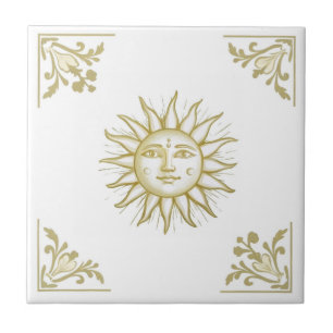 Azulejo De Cerâmica Sol Celestial com Face Dourada e Branca no estilo