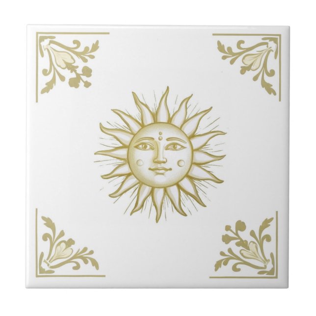 Azulejo De Cerâmica Sol Celestial com Face Dourada e Branca no estilo  (Frente)