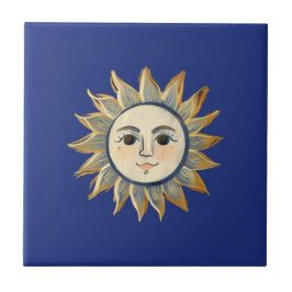 Azulejo De Cerâmica Sol Celestial com Face Dourado e Azul Escuro