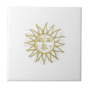 Azulejo De Cerâmica Sol Celestial com Face Dourado e Branco