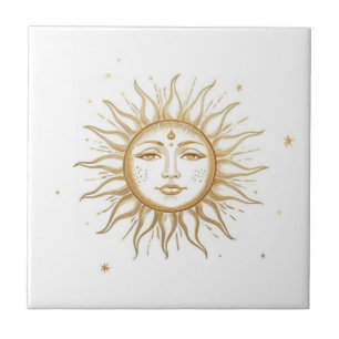Azulejo De Cerâmica Sol Celestial com Face Dourado e Branco