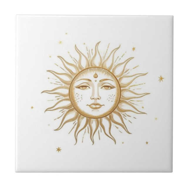 Azulejo De Cerâmica Sol Celestial com Face Dourado e Branco (Frente)