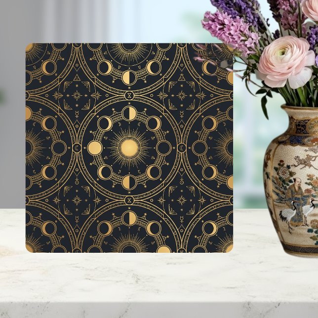 Azulejo De Cerâmica Sol Celestial Dourado Fases da Lua Padrão Geométri (Criador carregado)